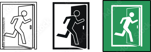 Entry and exit sign icon. Man entering and leaving a room through a door. Vector illustration eps