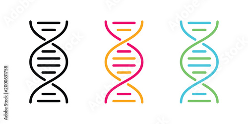 DNA molecule icons in black colorful and gradient versions symbolizing genetics and science.