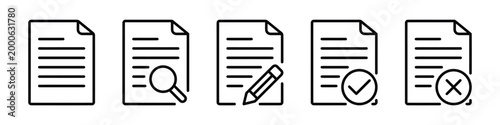 Document icons showing different states of editing viewing and completion with search and delete actions.