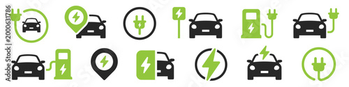 Electric car icons and charging stations for green transportation and future mobility concepts.