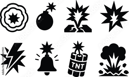 Explosion icons set representing danger and impact.