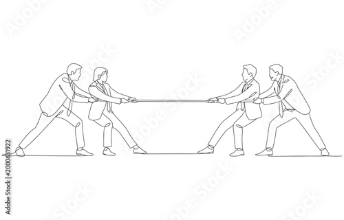 One continuous line drawing of four businessmen pulling rope competition business metaphor.