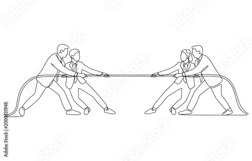 One continuous line drawing of four businessmen pulling rope competition business metaphor.