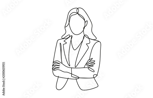 Single one line drawing of young smart businesswoman standing and cross her arms on chest.
