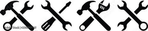 Crossed tools icons including hammer, wrench, and screwdriver set on transparent background.