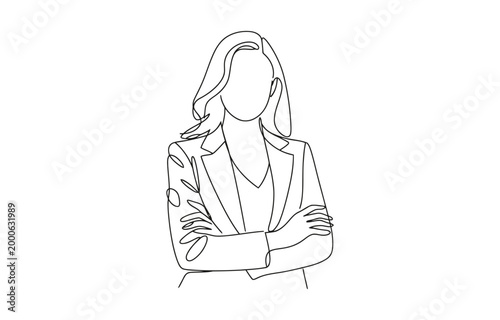 Single one line drawing of young smart businesswoman standing and cross her arms on chest.