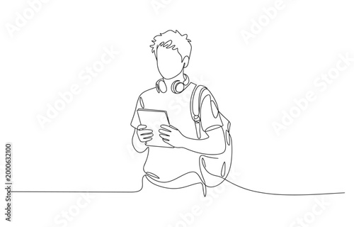 Continuous single line sketch drawing art of college campus student man with bag backpack and stack books.