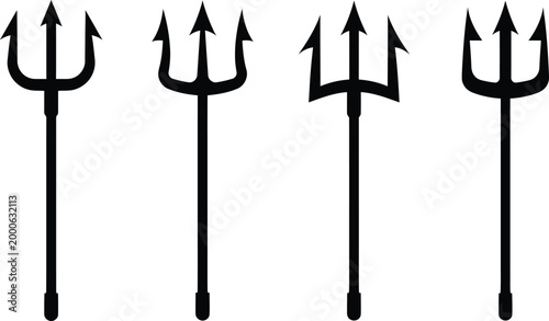 Four black trident icons representing mythical or powerful weapons isolated on transparency.