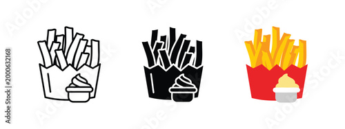 French fries in red container with sauce icon set, representing fast food and snacks.