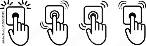 Hand pressing doorbell button, simple outline and filled icons collection, interactive user interface elements.