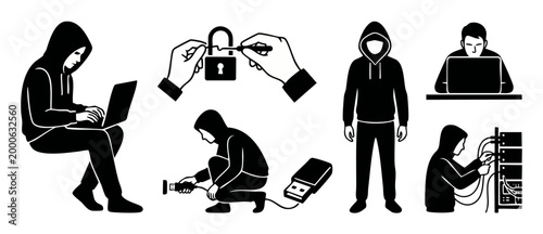 Hacker Icon Set, Cyber Security and Data Theft Symbols, Vector Silhouette Collection of Hooded Cybercriminals, Computer Virus, Network Breach, Digital Crime Prevention, Privacy Protection, Phishing Co
