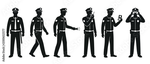 Police Officer Silhouette Set, Policeman Icons Performing Various Duties, Security Guard Poses with Flashlight Radio and Binoculars Isolated on White Background for Public Safety and Law Enforcement G