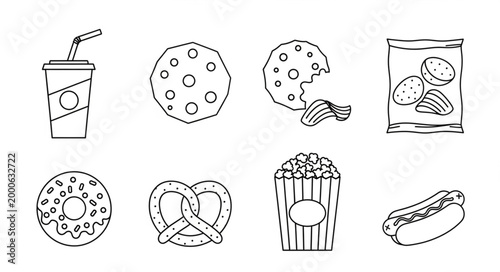 Collection of popular fast food and snack icons in a simple line art style.