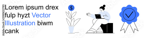 Business development, technology integration, financial success, online work, goal setting, achievement. A person working online and growth icons. Financial success and online work concept