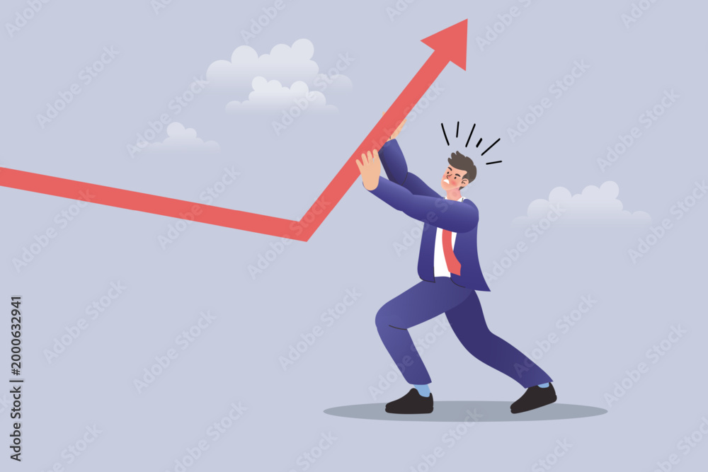 Fototapeta premium Businessman pushing up rising graph arrow for business recovery and overcoming obstacles concept.