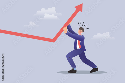 Businessman pushing up rising graph arrow for business recovery and overcoming obstacles concept.