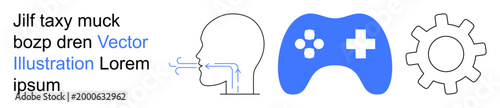 Technology, health education, gaming, engineering, mechanics, usability design. Human breathing line art, gaming controller icon gear outline symbol. Technology and health education