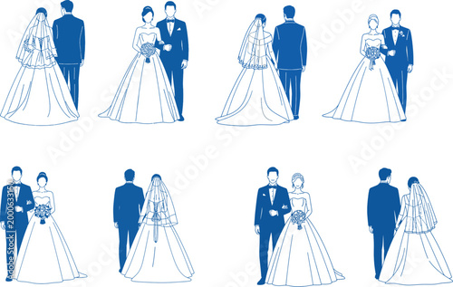 Wedding bride and groom vector illustration set featuring silhouettes of couples in various poses for marriage ceremony invitation