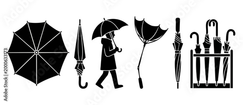 Umbrella icon set, flat black silhouettes, person walking in rain, open and folded umbrellas in stand, design element for weather forecasting, climate protection, autumn seasonal concept isolated on w