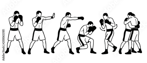 Boxing stances and punch techniques set, professional athlete fighting movements collection, black and white minimalist line art vector illustration showing hook jab clinch and defense training postur