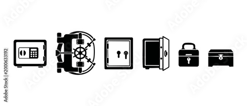 Safe Deposit Box Icon Set, Banking Security and Vault Protection Symbols, Financial Storage Solutions, Vector Graphics for Data Privacy and Asset Safety, Minimalist Black Silhouette Collection Isolate
