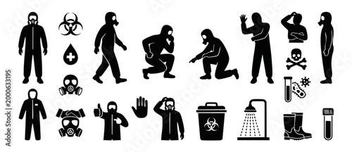 Hazmat Suit Icon Set People in Protective Gear and Biohazard Symbols for Laboratory Safety and Infectious Disease Prevention Protocols, Medical Vector Graphics Collection for Epidemiological Emergency