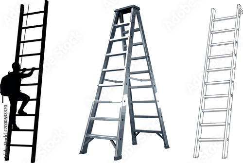 Ladder types illustration set with climbing worker silhouette step ladder and straight ladder isolated on white background