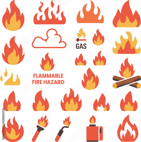 Fire and Flame Vector Icon Set: Flat Design Symbols for Flammable Hazards, Bonfires, and Gas Ignition