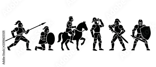 Medieval Knight Silhouettes Set, Armored Warrior Characters with Sword, Shield, Spear and Horse, Heroic Fantasy Combat Poses in Black and White Icon Vector Illustration for Game Design and History Pro