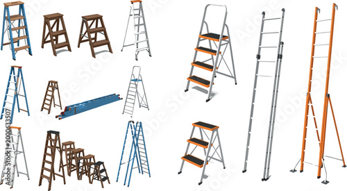 Step ladders and stools collection with wooden aluminum folding and extension ladder designs isolated on white background