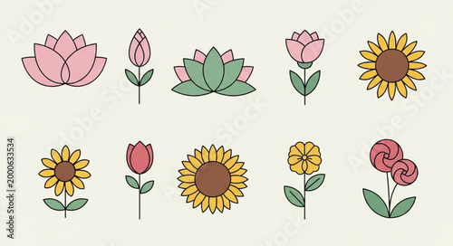 Collection of stylized flowers and floral elements.