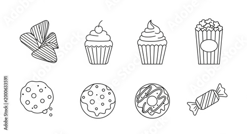 Hand Drawn Icons Representing Various Sweet Treats and Snacks.
