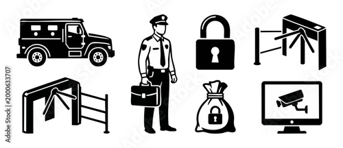 Security and Cash Transport Icons Set, Security Guard with Briefcase, Armored Bank Truck, Access Control Turnstile, Padlock, Secured Money Bag and CCTV Monitor Vector Illustration for Financial Safety