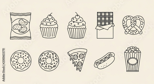 Collection of hand-drawn unhealthy food icons in a simple line art style.