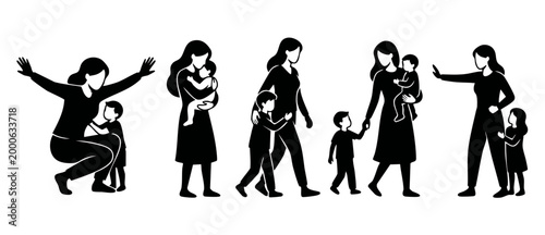 Mother and children silhouette set, parenting interaction poses, happy family activities, caring mom with kids isolated on white background, black flat vector icons for childcare and education design.