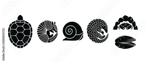 Armored Animals Icons Set Collection: Turtle, Armadillo, Snail, Pangolin, Crab, Shell. Minimalist black vector symbols of shelled creatures for nature logos, wildlife protection, and biology education