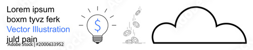 Cloud technology, financial management, innovation, remote access, digital solutions, economic growth. Light bulb with currency symbol, falling coins outlined cloud. Financial management
