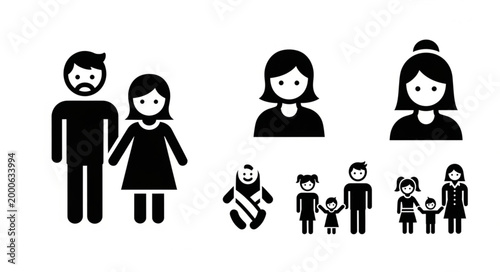 Collection of Diverse Family Unit Icons Representing Different Generations.