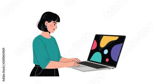 Young woman with short dark hair wearing a teal shirt focused on typing on a modern laptop with a colorful abstract screen display isolated on a clean white background