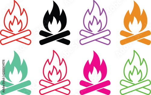 Colorful illustrations of campfires with different colored flames and logs