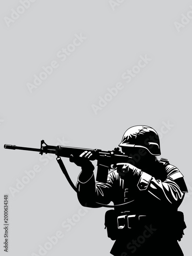 Silhouette of a Soldier Aiming a Rifle on a Clean Background