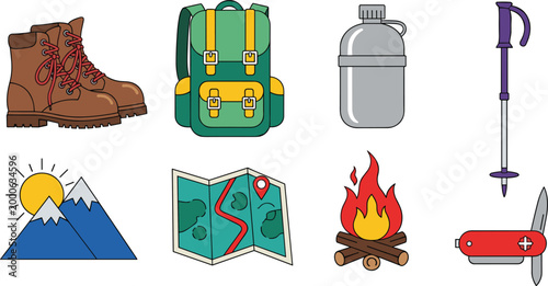 Camping and Outdoor Adventure Icon Set with Boots, Backpack, Map, Mountain, Fire, and Multi-tool for Websites, Apps, and Digital Media Designs.