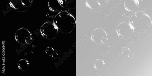 Floating soap bubbles set with transparent liquid spheres and air
