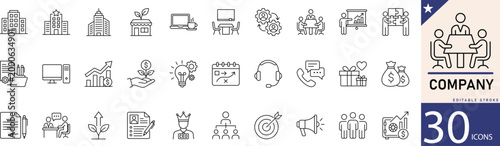 Company line icons for business, corporate, office, team, management, and organization. Editable vector icons for corporate branding, business apps, and office projects