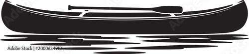 Black silhouette of a canoe with a paddle resting on rippling water. Silhouette vector illustration