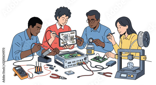 Diverse group of people collaborating on intricate electronic circuit board assembly and 3d printing project at a table showcasing innovation and teamwork in technology
