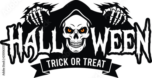 Halloween trick or treat logo with skeleton and orange eyes isolated on white background