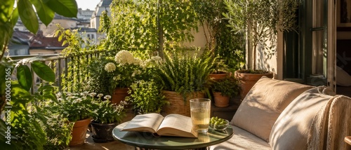 Reading books in summer at a beautiful terrace or cozy balcony full of green plants.
