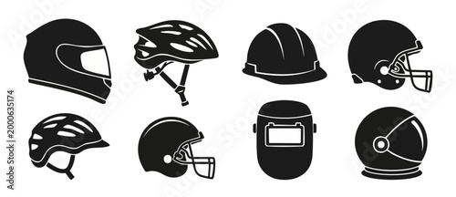 Helmet Icon Set Collection, Protective Headgear Symbols for Construction Sports and Safety Gear. Vector illustration of various helmets for motorcycle, cycling, football, welding, and industrial work.
