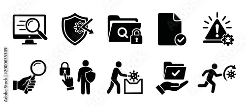 Cyber Security Icons Set, Virus Protection and Data Privacy Symbols for Digital Business and Network Safety Analysis and Threat Prevention Vector Illustration